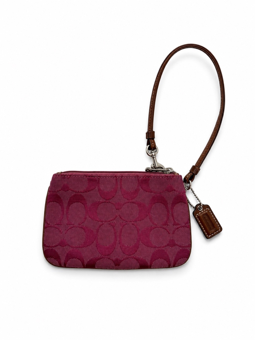 Coach Signature C Magenta Wristlet with Brown Leather Strap